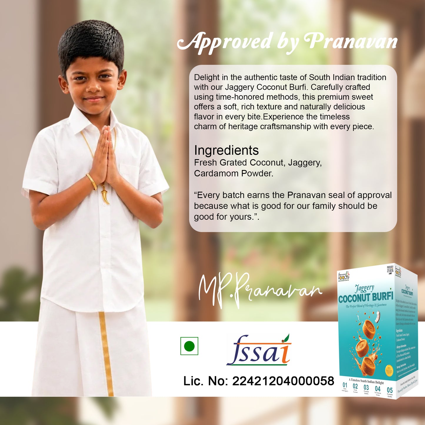 A promotional graphic for Fssai Jaggery Coconut Burfi. It features a young boy in a white traditional Indian outfit with a gold stripe, standing with hands together in prayer pose.