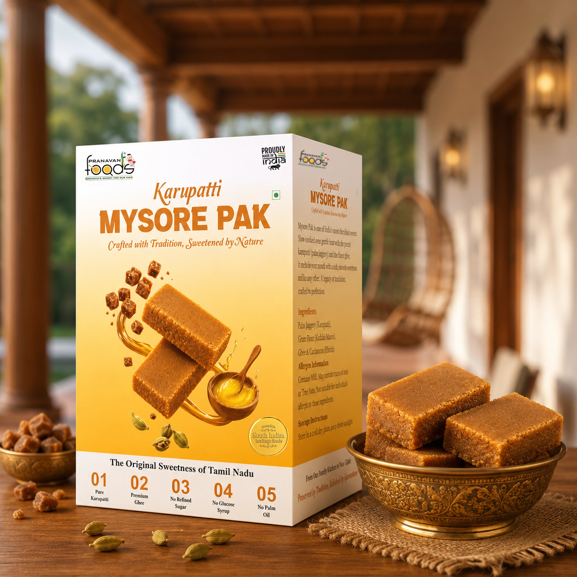 A box of Karupatti Mysore Pak traditional Indian sweets is displayed on a wooden table next to a gold bowl filled with the square brown sweets, with a blurred indoor background.