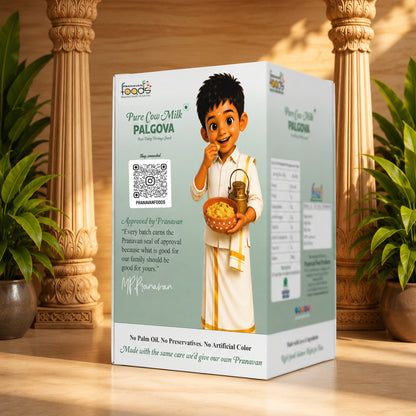 A boxed product labeled 'Pure Cow Milk PALKOVA' stands on a wooden surface between two ornate pillars with potted plants. The box is pale green and white with printed text, a QR code, and an illustration of a child in traditional clothing holding a bowl.