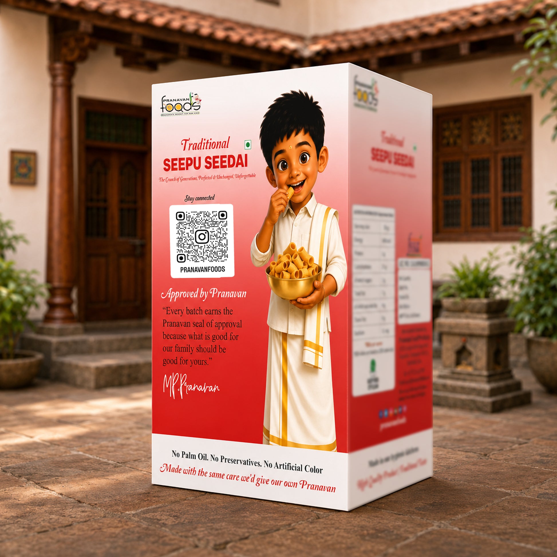 A 3D-rendered product box for Traditional Seepu Seedai from Pranavan Foods, shown standing on a stone courtyard in front of a traditional house. The box is white and red with an illustration of a child in white clothing holding a bowl of seeds, along with product details and a QR code.