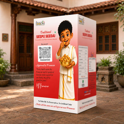 A 3D-rendered product box for Traditional Seepu Seedai from Pranavan Foods, shown standing on a stone courtyard in front of a traditional house. The box is white and red with an illustration of a child in white clothing holding a bowl of seeds, along with product details and a QR code.