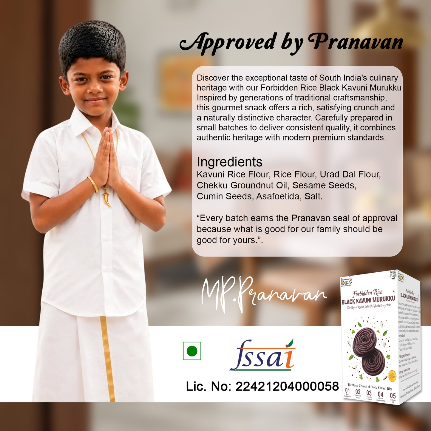 A promotional graphic for Forbidden Rice Black Kavuni Murukku snack. It features a young boy in a traditional white South Indian kurta and dhoti with a gold stripe, standing in front of a blurred background.