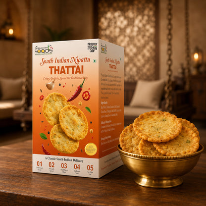 A box of South Indian Nipattu Thattai snack crackers stands on a wooden table beside a gold bowl filled with round golden crackers, set against a softly blurred warm indoor background.