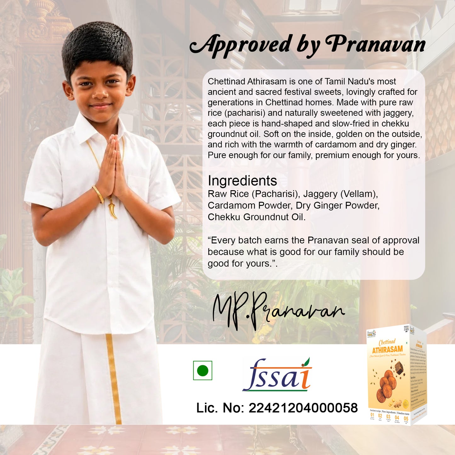 A promotional product graphic for Chettinad Athrirasam sweet . It features a young boy in traditional white attire with a gold waist strap, standing next to a product box.