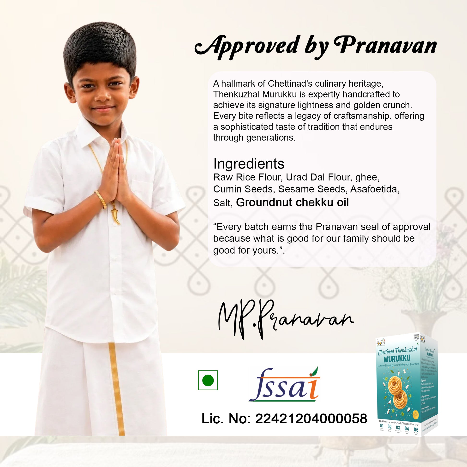 A promotional product graphic for Fssai Approved Murukku. On the left, a young boy in a white kurta and dhoti stands with hands together in a prayer pose.