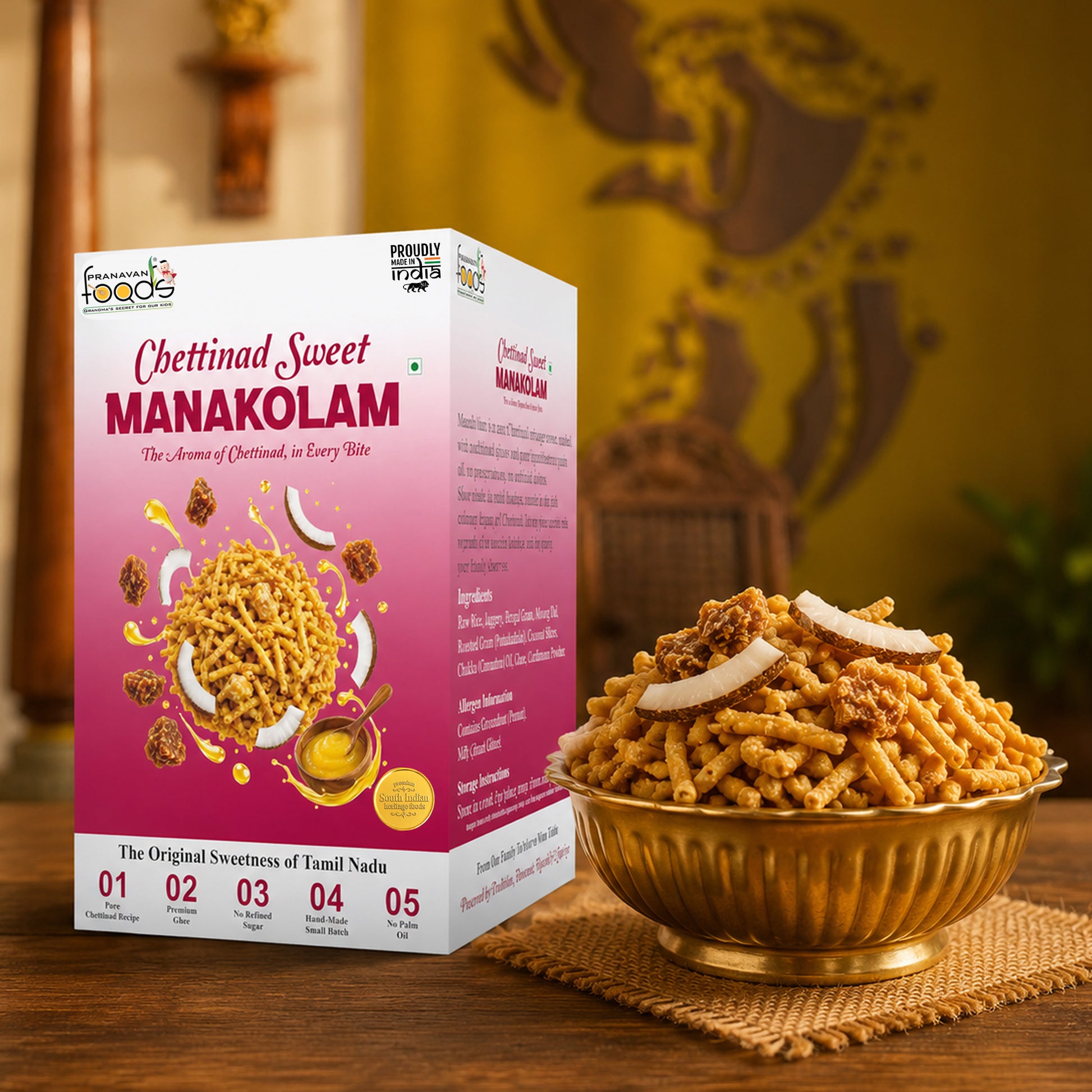 A box of Chettinad Sweet Manakolam cereal next to a gold bowl filled with the cereal and coconut pieces, set on a wooden table with a warm, traditional background.