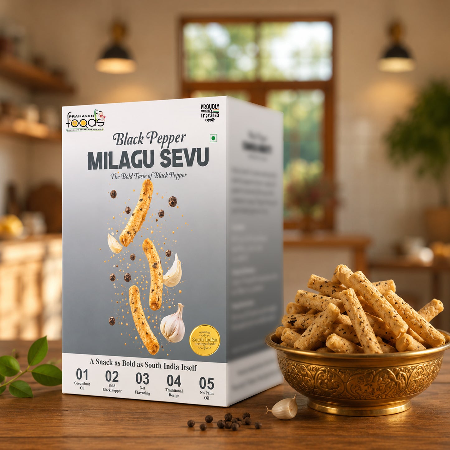 A box of Pranavan Foods Black Pepper Milagu Sevu stands on a wooden table in a warm, blurred kitchen setting, with a gold bowl of the sliced pepper snacks placed beside it.
