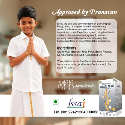 A promotional graphic for MP Pranavan Black Pepper Milagu Sevu, featuring a young boy in a white traditional outfit with a gold stripe on the left, alongside product packaging, ingredients list, and approval seals.