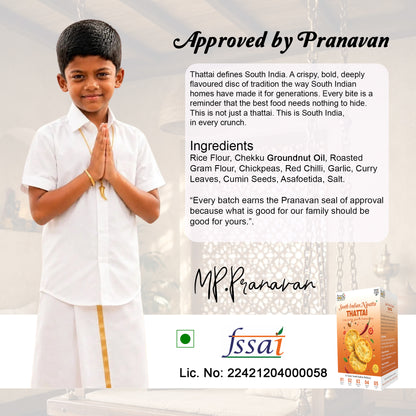 A promotional graphic for FSSAI approved Thattai by Pranavan. It features a young boy in a white shirt and dhoti standing on the left, alongside text detailing the ingredients and a small product box on the bottom right.