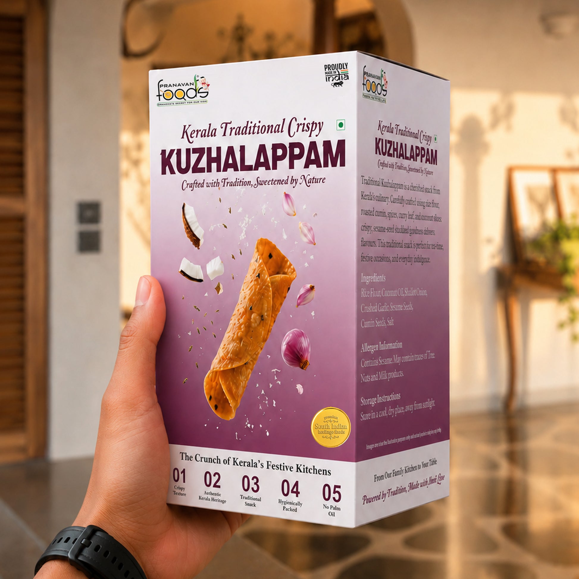 A hand holds a box of Kerala Traditional Crispy Kuzhalappam against a blurred indoor kitchen background. The packaging is white and purple with an illustration of the crispy roll and product details.