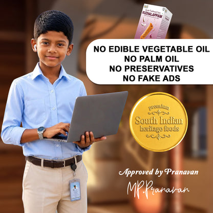 A promotional graphic featuring a young boy in a light blue shirt and khaki pants holding a laptop, with a small box of Kuzhalappam visible at the top right. Large text reads 'NO EDIBLE VEGETABLE OIL NO PALM OIL NO PRESERVATIVES NO FAKE ADS,' alongside a gold seal that says 'South Indian heritage foods' and approval text 'Approved by Pranavan MP.