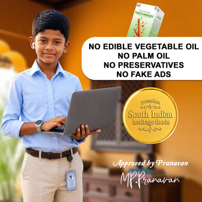A promotional graphic featuring a young boy in a light blue shirt and khaki pants holding a laptop, with a box of Tendu Ramakrishnananda Organic Vegetable Oil in the top right corner. A white text bubble states 'NO EDIBLE VEGETABLE OIL NO PALM OIL NO PRESERVATIVES NO FAKE ADS', accompanied by a gold seal for 'South Indian heritage foods' and approval text from Mr.MP.Pranavan