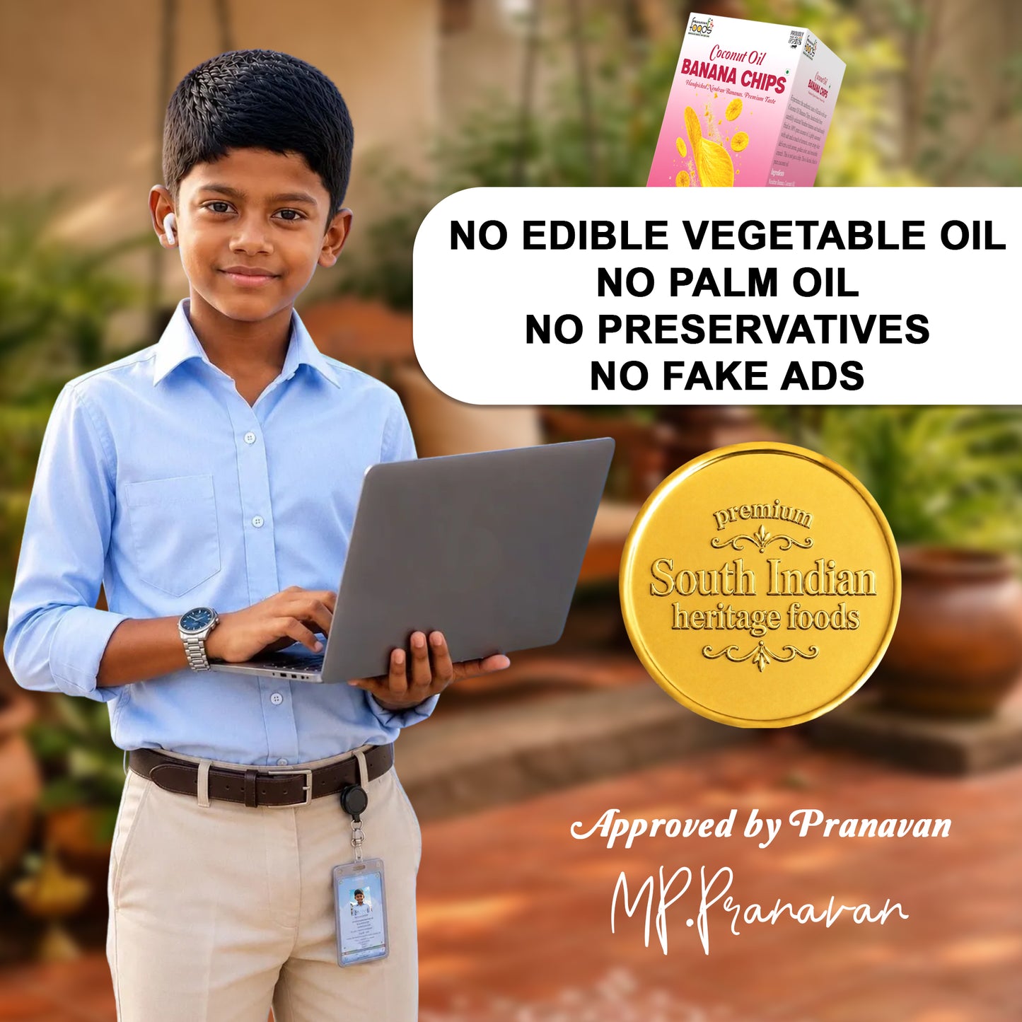 A young boy in a light blue shirt and khaki pants holds a laptop while standing outdoors. The image includes promotional text for South Indian Heritage Foods, showing a box of banana chips, a gold seal, and a claim about no edible vegetable oil or palm oil.