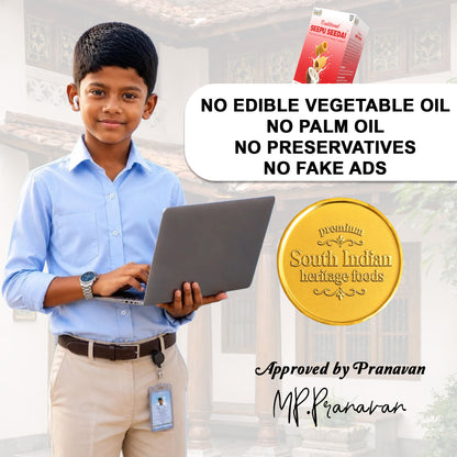 A promotional graphic featuring a young boy in a light blue shirt and khaki pants holding a laptop, with text stating 'NO EDIBLE VEGETABLE OIL NO PALM OIL NO PRESERVATIVES NO FAKE ADS' and a gold seal reading 'South Indian heritage foods.' A red and white box labeled 'Pranavan Foods' appears at the top right.