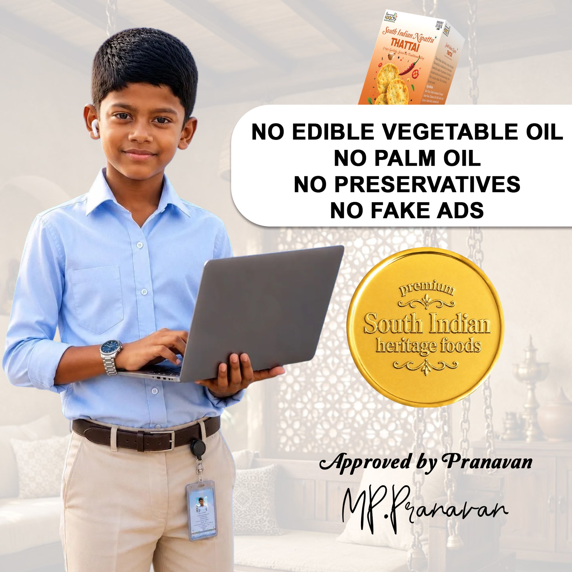 A promotional graphic featuring a young boy in a light blue shirt and beige trousers holding a laptop, with a South Indian Heritage Pranavan Food product box and a gold seal on a light background. Text reads 'NO EDIBLE VEGETABLE OIL NO PALM OIL NO PRESERVATIVES NO FAKE ADS' and 'Approved by Pranavan MP.Pranavan