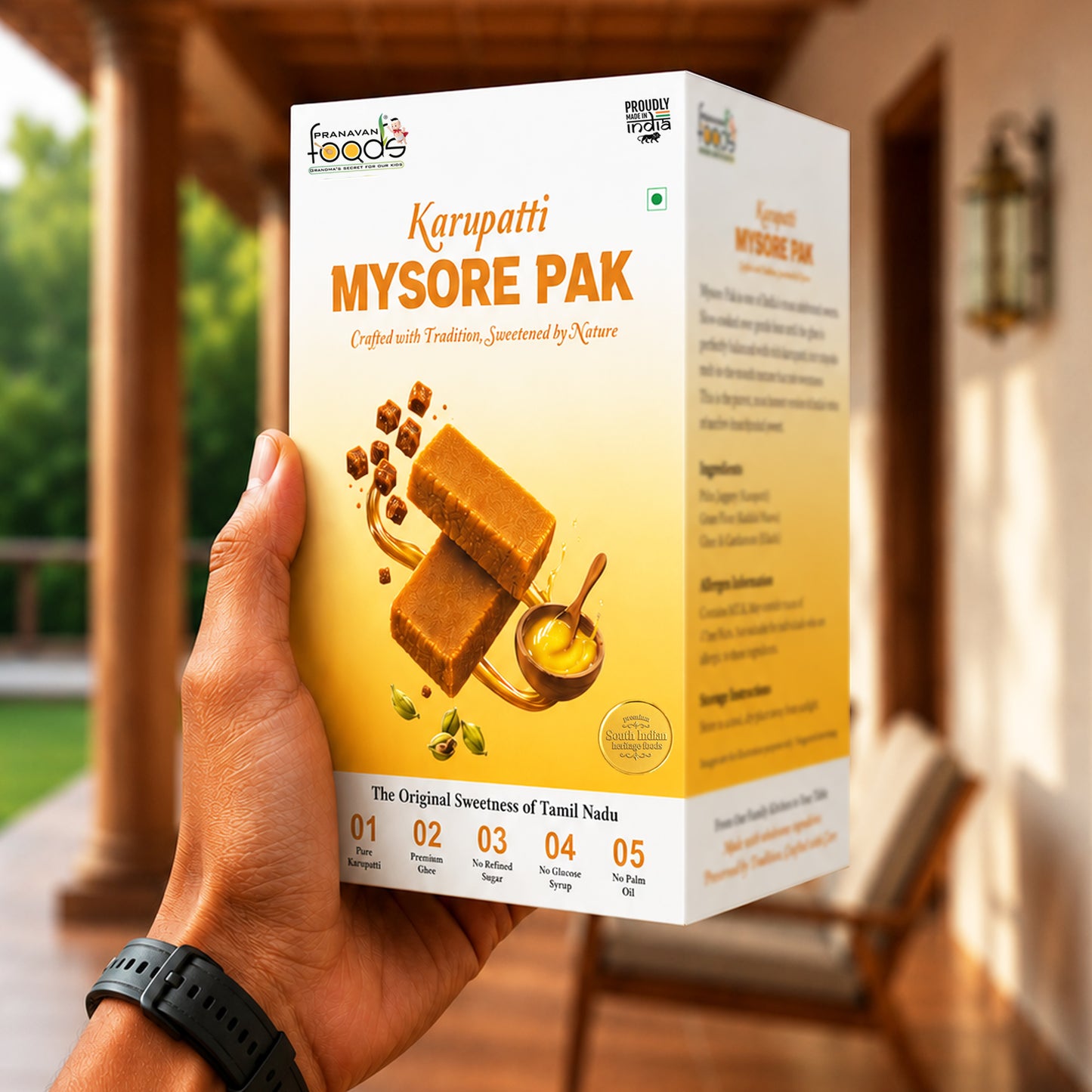 A hand holding a box of Karupatti Mysore Pak sweets in front of a blurred outdoor porch background. The packaging is white and yellow with illustrations of the sweets and ingredients.