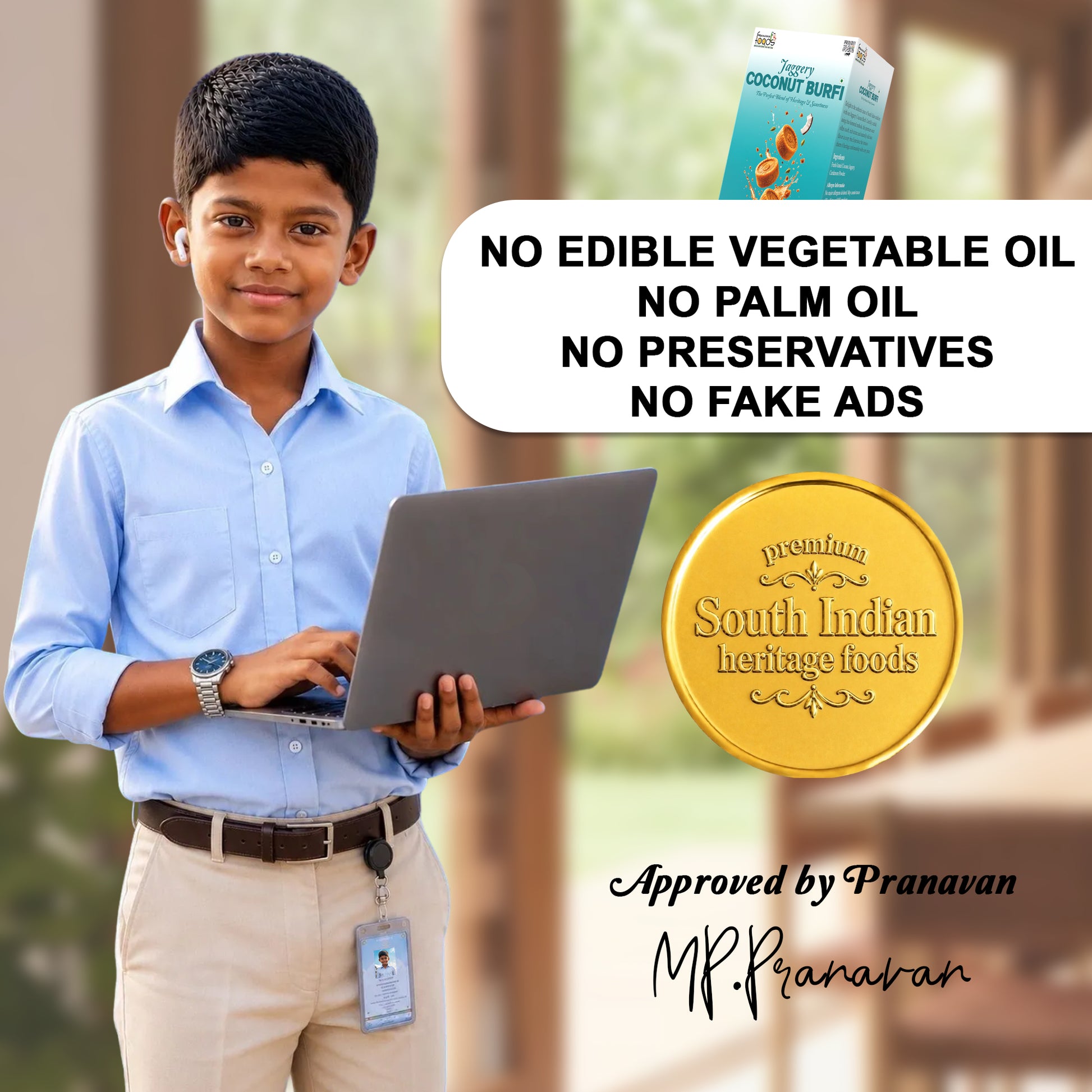 A young boy in a light blue shirt and khaki pants holds a laptop while standing outdoors. A product box labeled 'Coconut Burfi' appears at the top right, with large text stating 'NO EDIBLE VEGETABLE OIL NO PALM OIL NO PRESERVATIVES NO FAKE ADS' and a gold seal reading 'South Indian heritage foods.