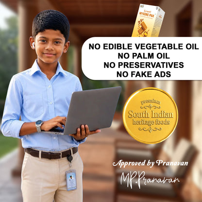 A young boy in a light blue shirt and khaki pants holds a laptop while standing outdoors. A product box labeled 'Nutriose Par' appears in the upper right, alongside text stating 'NO EDIBLE VEGETABLE OIL NO PALM OIL NO PRESERVATIVES NO FAKE ADS' and a gold seal reading 'South Indian heritage foods.
