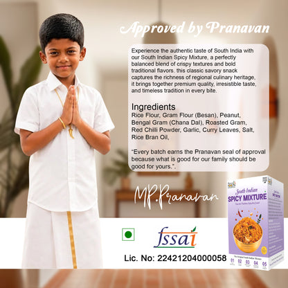 A promotional graphic for Fssai approved South Indian Spicy Mixture, featuring a young boy in a white kurta and dhoti with a folded hand gesture. The image includes text detailing the ingredients, an 'Approved by Pranavan' seal, and the Fssai logo, alongside a product box showing the spicy mixture.