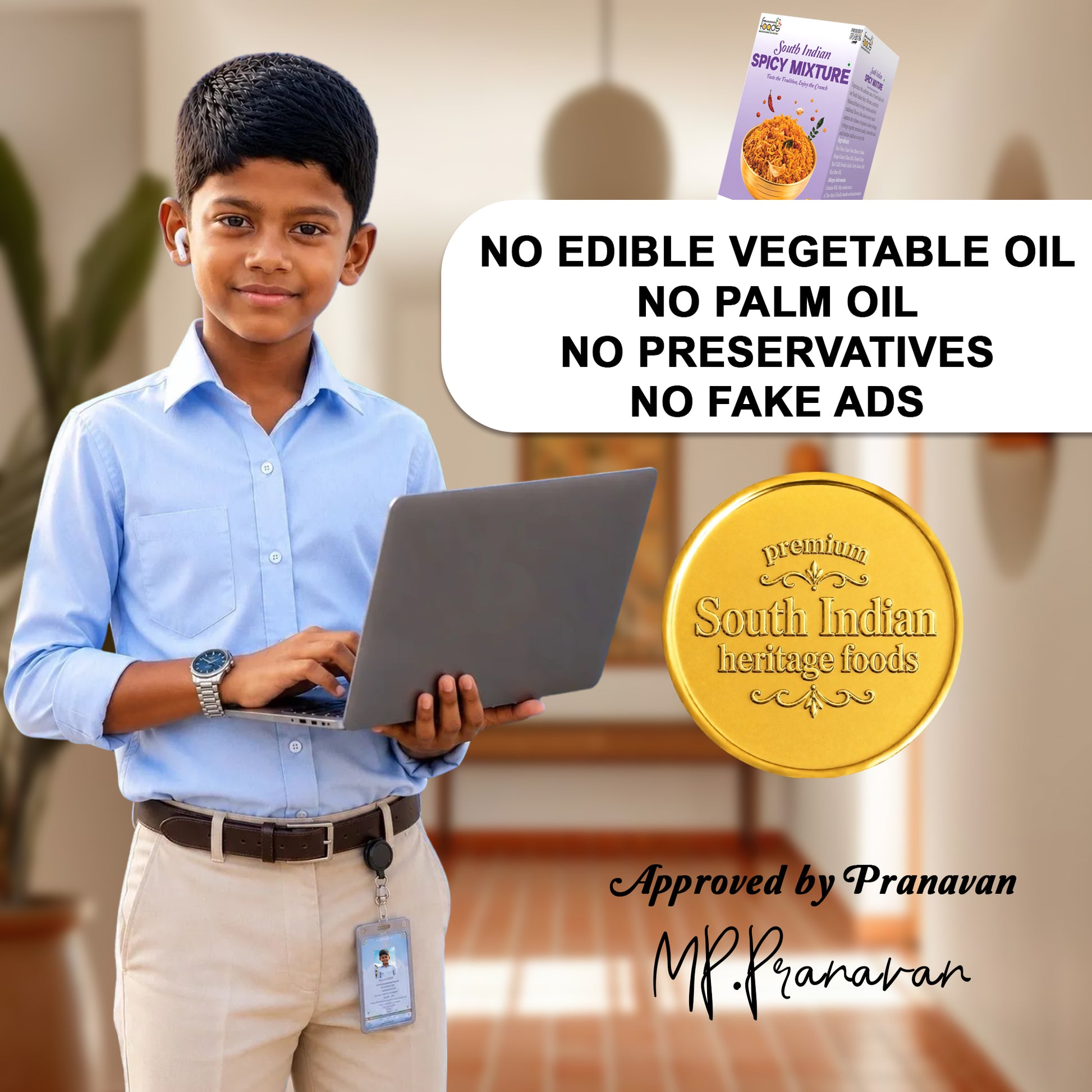 A young boy in a light blue shirt and khaki pants holds a laptop in a warm indoor setting. Prominent text overlays state 'NO EDIBLE VEGETABLE OIL NO PALM OIL NO PRESERVATIVES NO FAKE ADS' and show a gold seal reading 'South Indian heritage foods.
