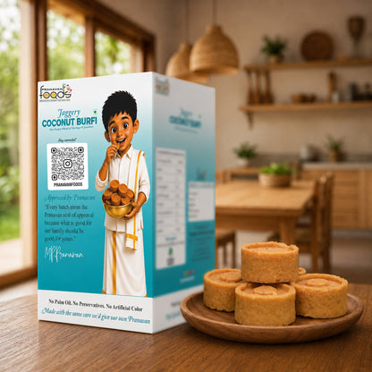 A box of Premium Jaggery Coconut Burfi cookies is shown on a wooden table in a warm kitchen setting, with several golden-brown coconut burfi slices stacked on a small wooden plate in the foreground.