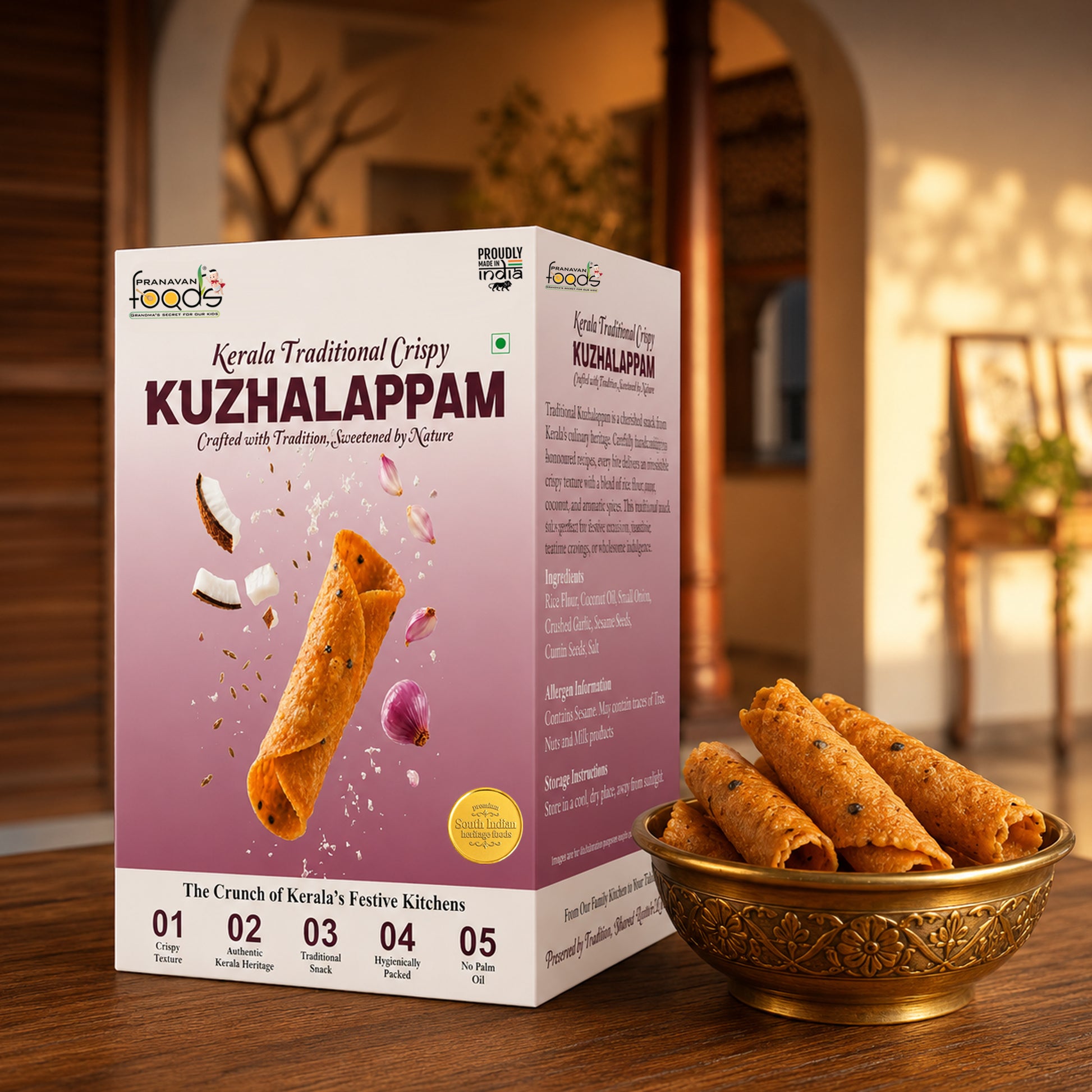A box of Kerala Traditional Crispy Kuzhalappam snack is shown on a wooden table next to a gold bowl filled with rolled crispy snacks. The background is a softly blurred warm indoor setting.