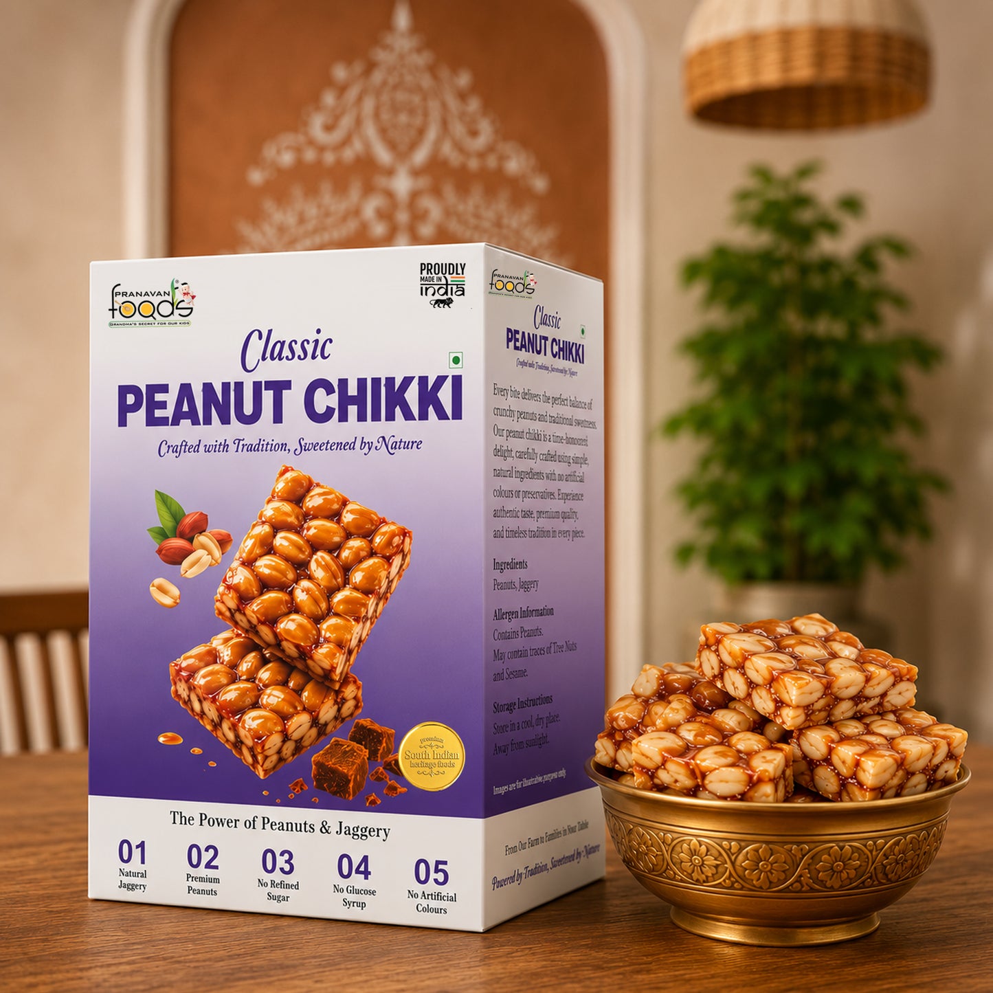 A box of Famous Foods Classic Peanut Chikki sits on a wooden table next to a gold bowl filled with the chikki pieces. The background shows a softly blurred indoor setting with warm lighting and a plant.