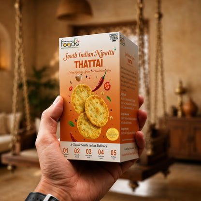 A hand holds a box of Pranavan Foods South Indian Nipattu Thattai crispy snack crackers, set against a warm, blurred background of a traditional indoor setting with hanging lamps.