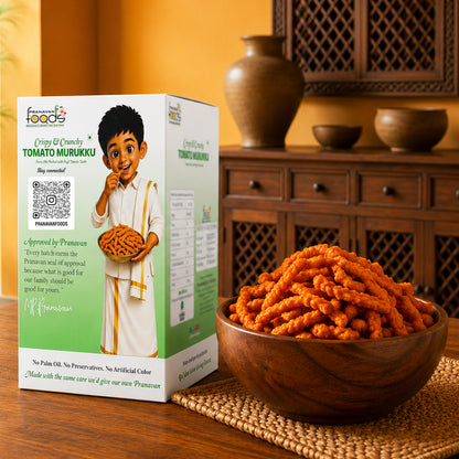 A box of Pranavan Foods Tomato Murukku next to a wooden bowl filled with the orange-red crispy snack, set on a woven mat in a warm, traditional Indian kitchen setting.